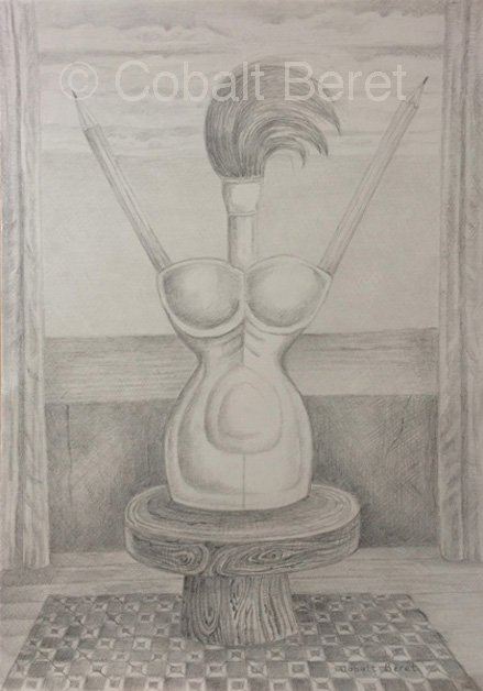 A graphite pencil drawing of a female torse, with pencil arms, and brush head.  Sea and Clouds in the background, by Cobalt Beret